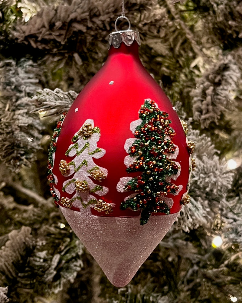 RED W/ TREES GLASS TEARDROP HANGING ORNAMENT RAM386