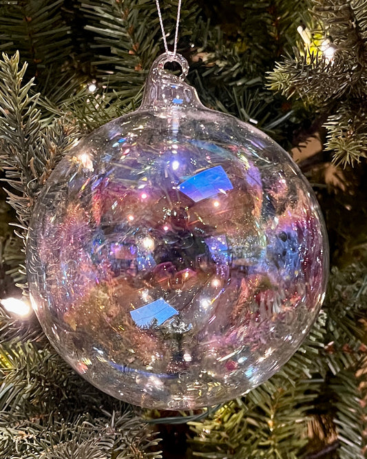 CLEAR IRIDESCENT ROUND GLASS HANGING ORNAMENT RAM494