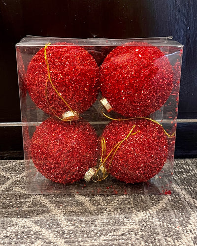 4 PACK 10CM GLITTER RED ROUND HANGING ORNAMENTS RMX511