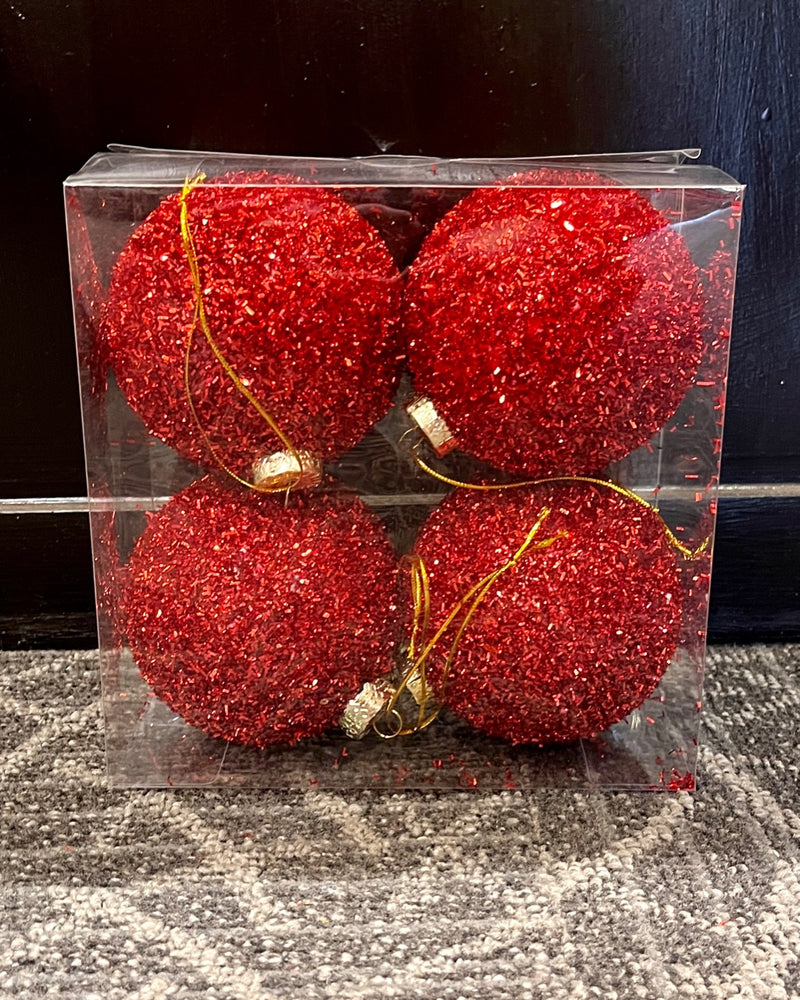 4 PACK 10CM GLITTER RED ROUND HANGING ORNAMENTS RMX511