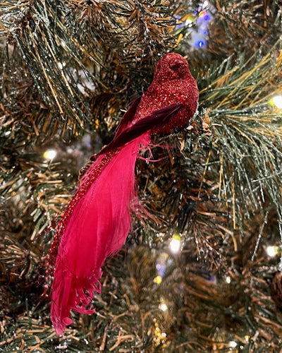 RED FAUX FEATHER BIRD CLIP ON RNE009