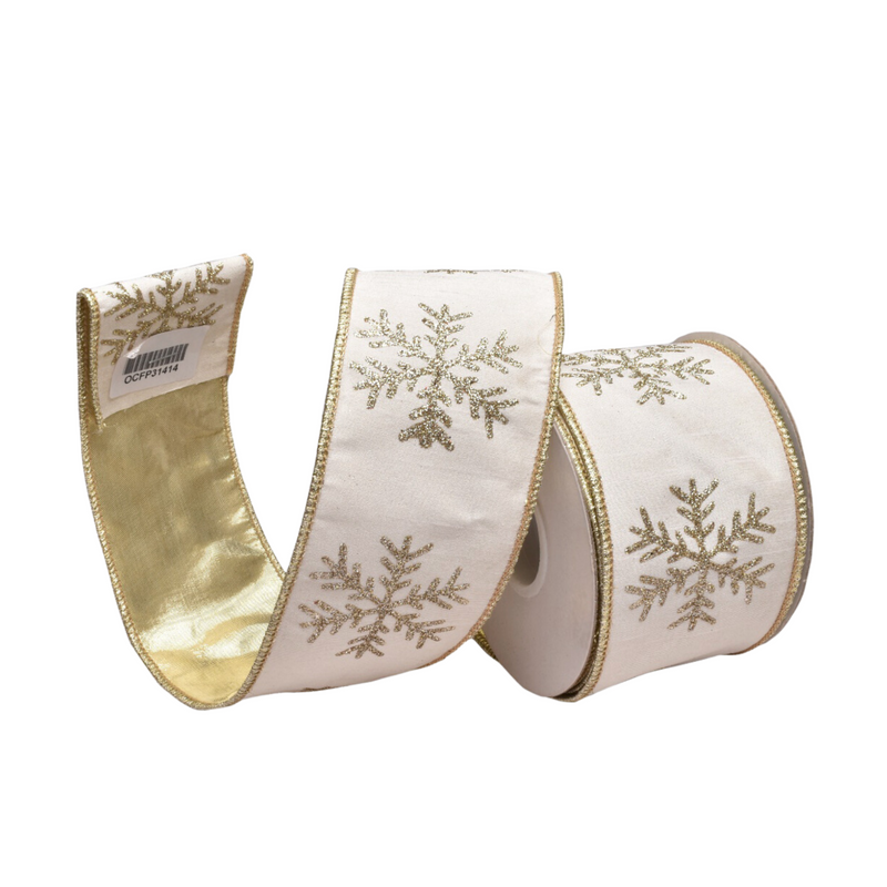 NATURAL WITH GOLD SNOWFLAKE 2.5 INCH WIRE EDGE RIBBON ROM023