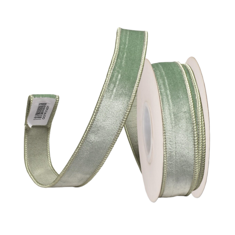 FROST GREEN VELVET 1 INCH WIRE EDGED RIBBON ROM089