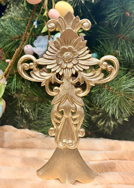 Ornate Gold Cross on Stand QAA021