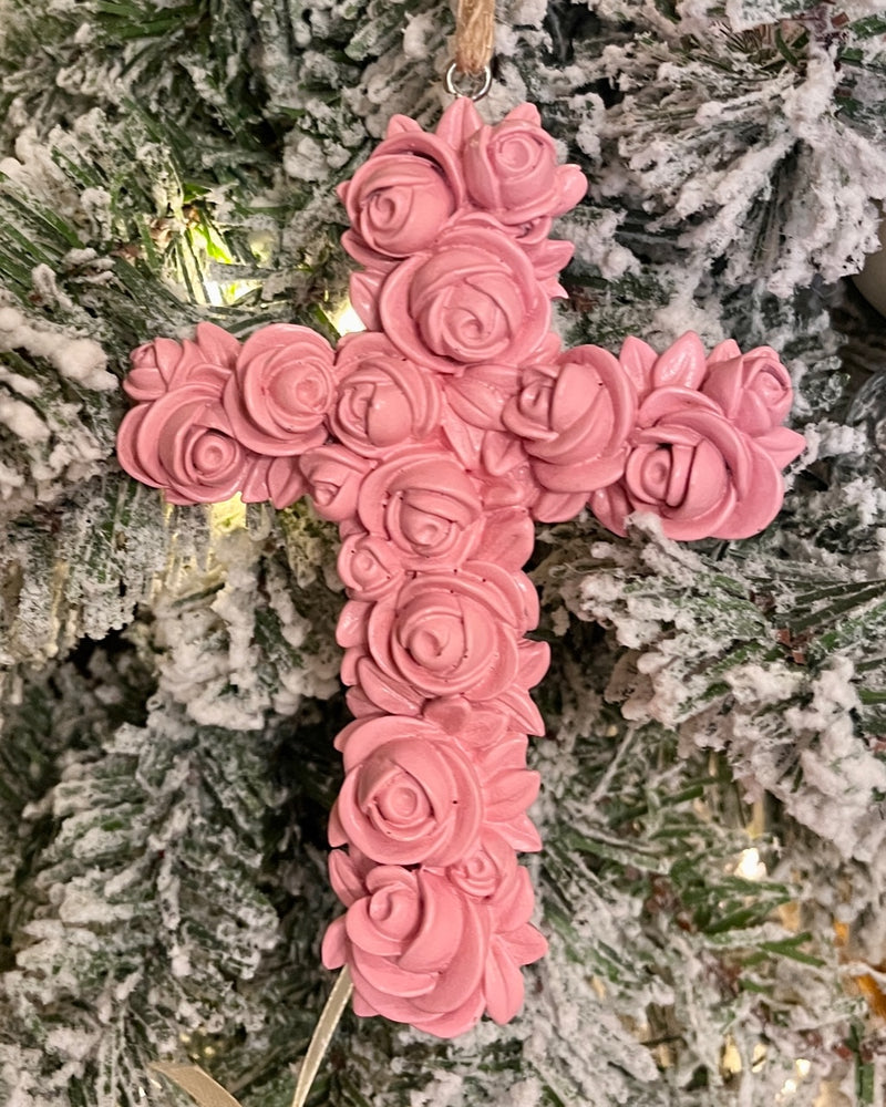 PINK FLORAL EASTER CROSS HANGING ORNAMENT QAA023