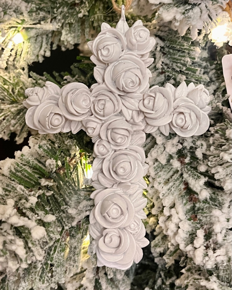 WHITE FLORAL EASTER CROSS HANGING ORNAMENT QAA024