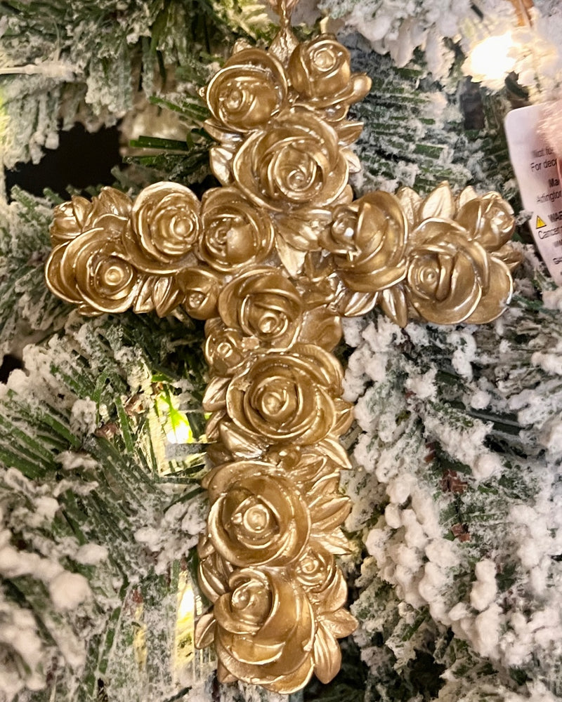 CHAMPAGNE GOLD FLORAL CROSS HANGING ORNAMENT QAA025