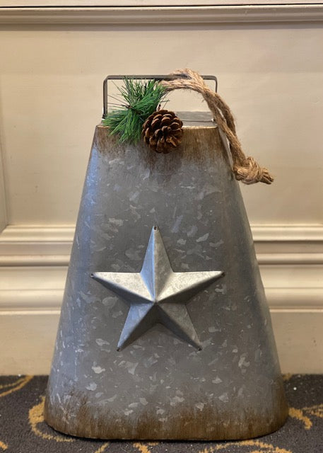 LARGE RUSTIC BELL WITH EMBOSSED STAR AND SPRUCE TRIM XM1454
