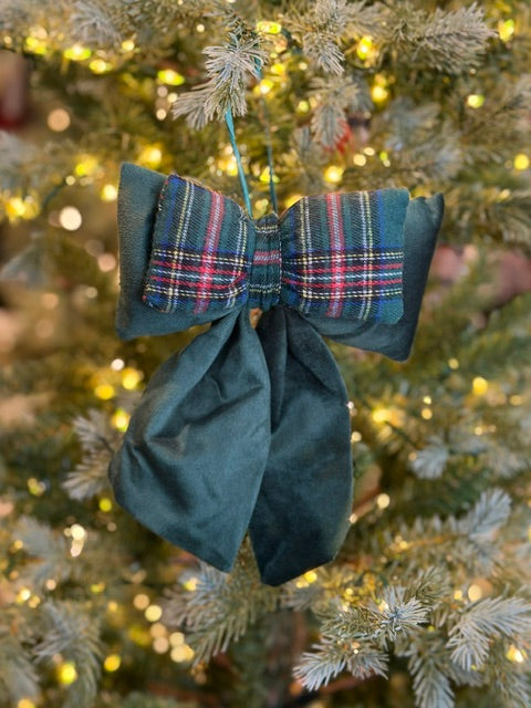 EMERALD GREEN CHECK VELVET HANGING BOW XM1490