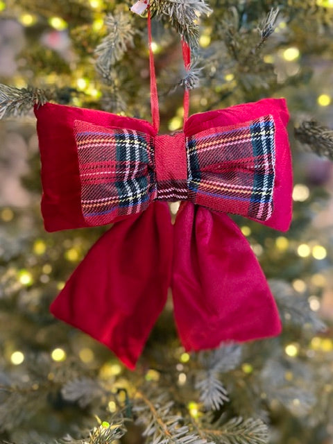 RED CHECK VELVET BOW ORNAMENT XM1491
