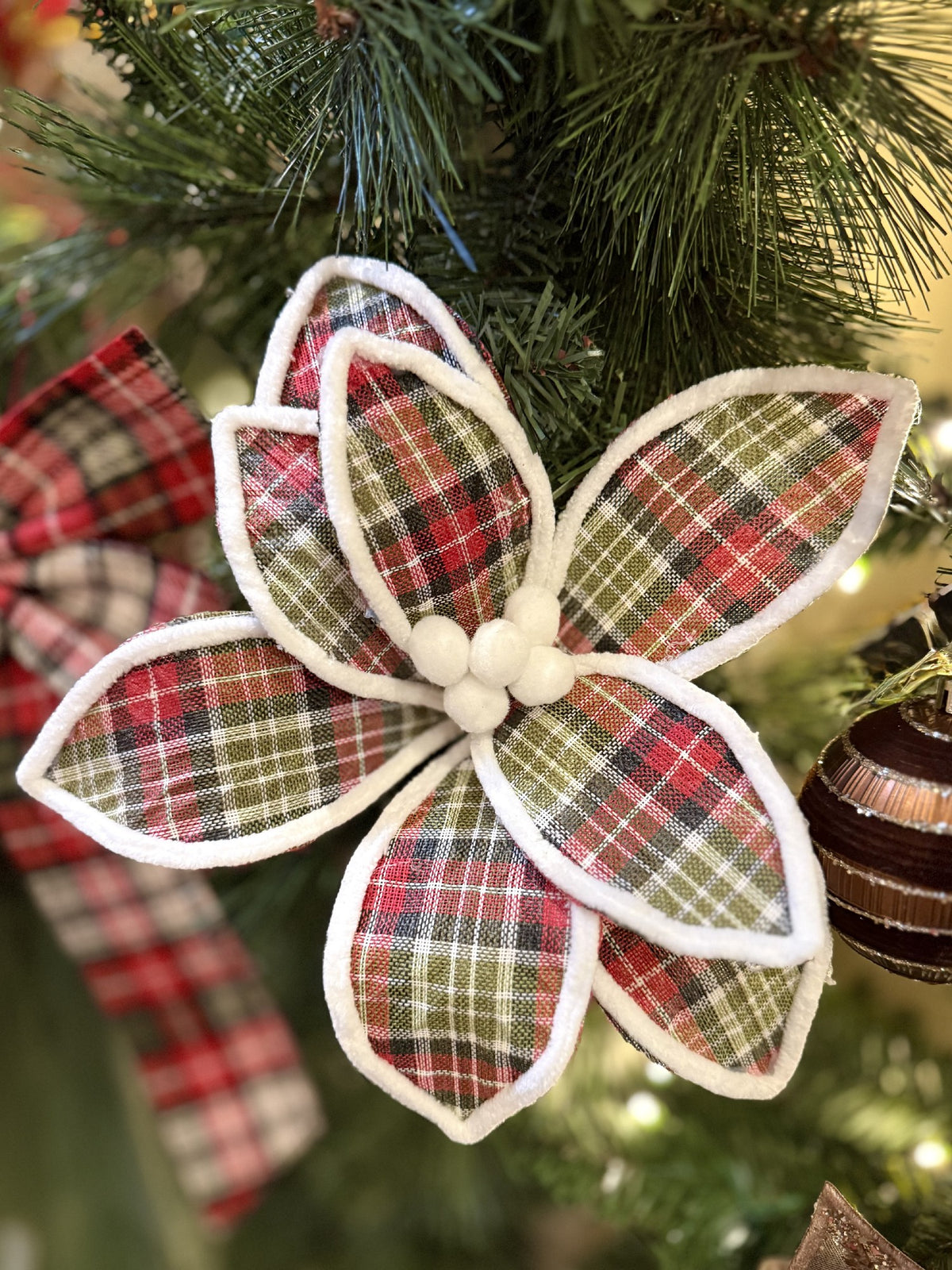 Fabric Plaid Poinsettia Stem 30cm XM1823