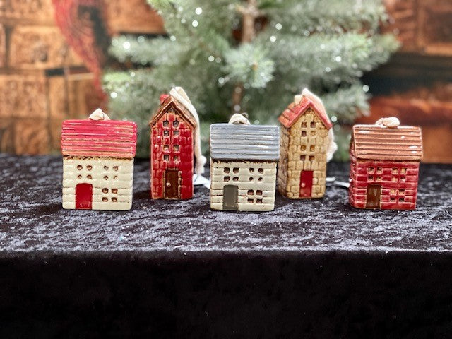 PETITE CHALET CERAMIC HOUSE BROWN RED HANGING ORNAMENT