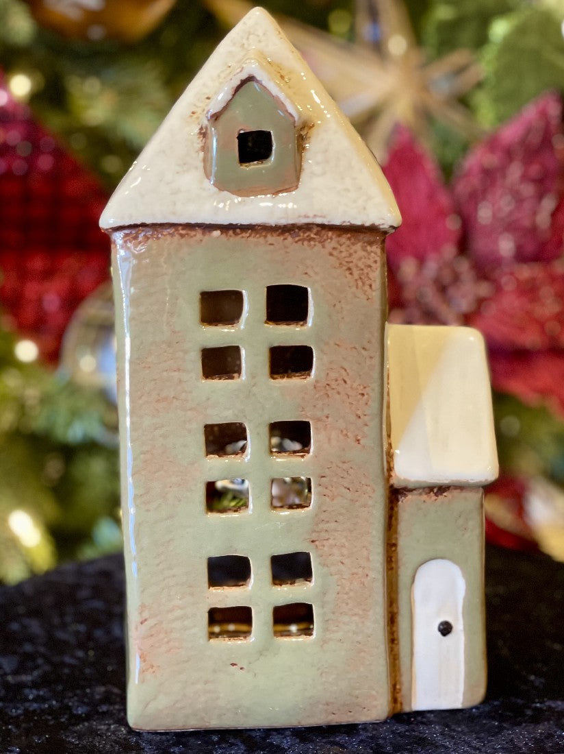ALSACE TEA LIGHT PARISH OLIVE GREEN STONE WARE HOUSE YA0045