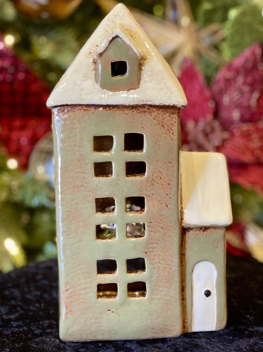 ALSACE TEA LIGHT PARISH OLIVE GREEN STONE WARE HOUSE YA0045
