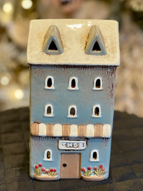 ALSACE TEA LIGHT HOUSE- FLOWER SHOP LIGHT BLUE YA0058