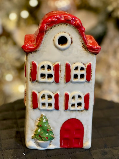 ALSACE TEA LIGHT CHRISTMAS STONE WITH RED SHUTTER HOUSE YA0063