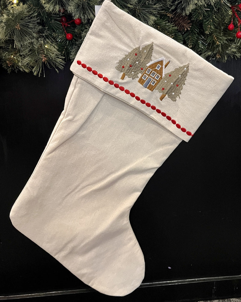 LINEN STOCKING WITH EMBROIDERED GINGERBREAD HOUSE & TREE MW0001