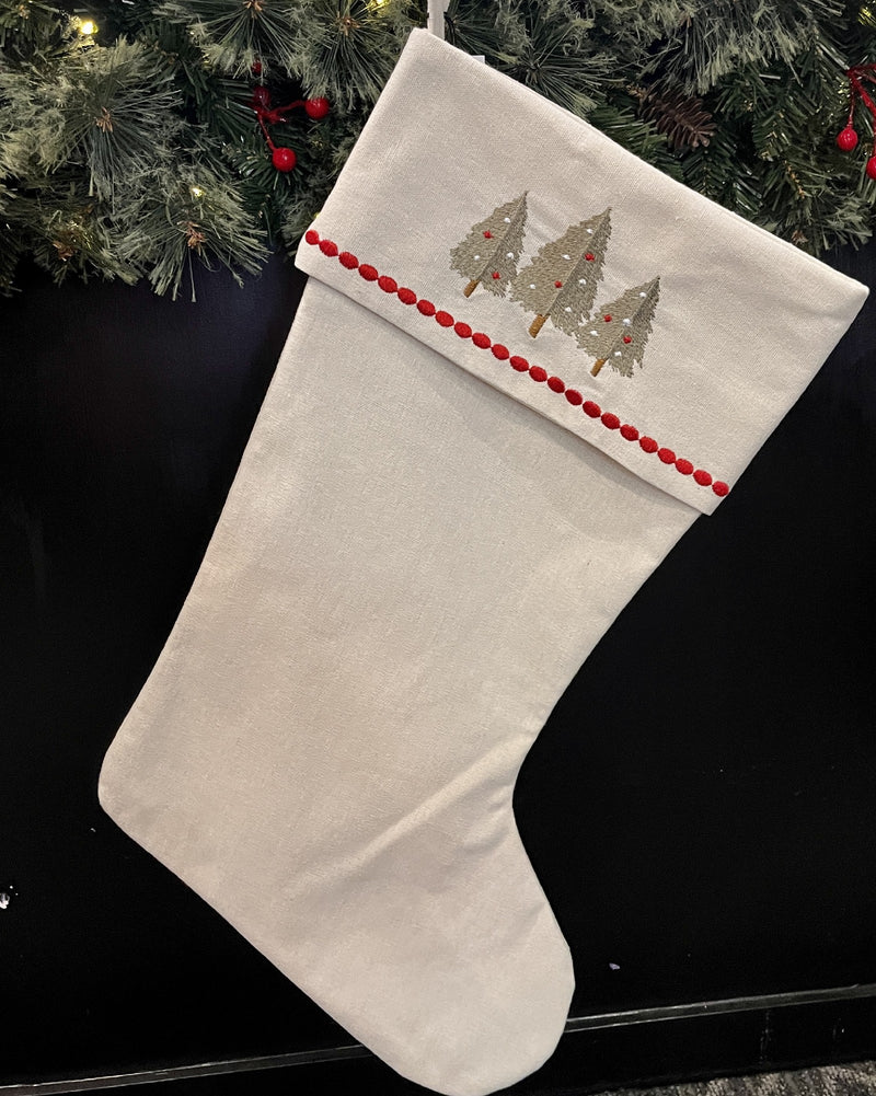 LINEN STOCKING WITH EMROIDERED TREE WITH LIGHTS MW0002