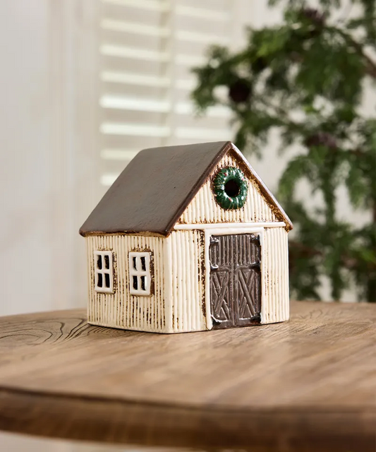 STONEWARE VILLAGE TEALIGHT HOUSE - Nordgard Stable with Wreath YA0098