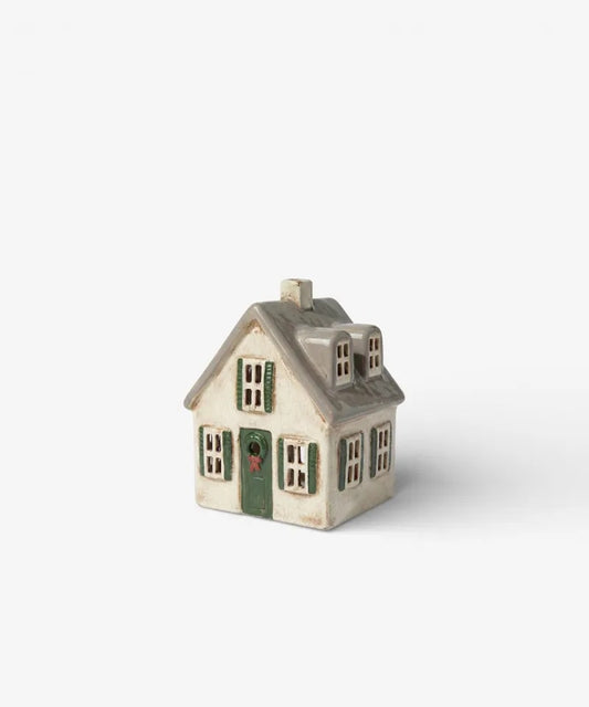 STONEWARE VILLAGE TEALIGHT HOUSE - Nordgard Villa with Bow Wreath YA0104