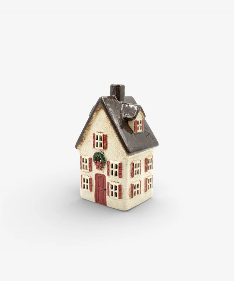 STONEWARE VILLAGE TEALIGHT HOUSE - Nordgard Tall Villa with Bow Wreath YA0105