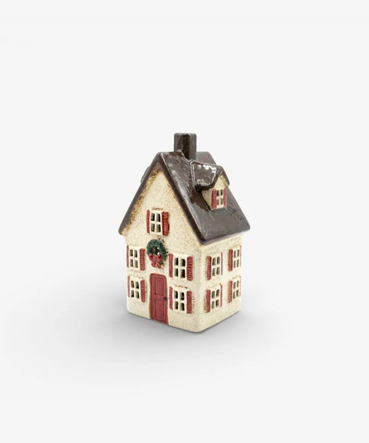 STONEWARE VILLAGE TEALIGHT HOUSE - Nordgard Tall Villa with Bow Wreath YA0105