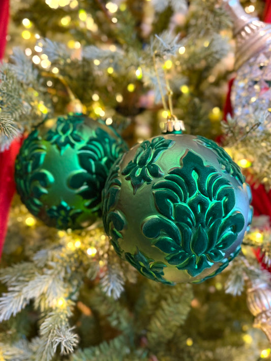 Hanging Bauble Flocked Brocade Pattern Pack 2 Green 33002547DGR