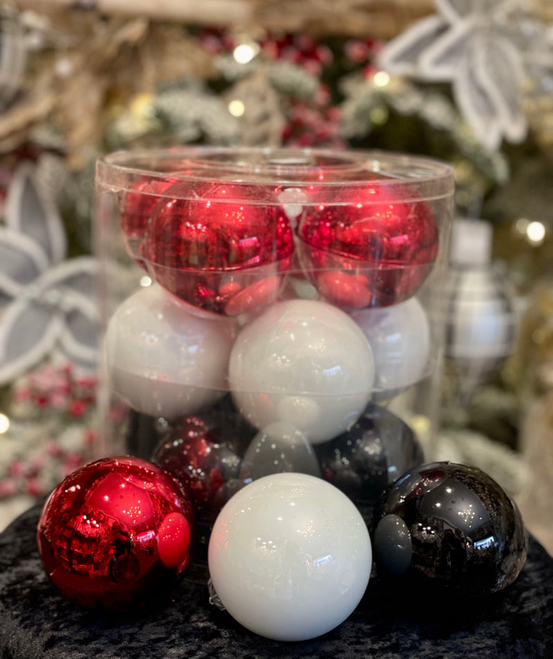 RED, BLACK, WHITE GLASS MIXED PACK 12 BAUBLES FHAN005