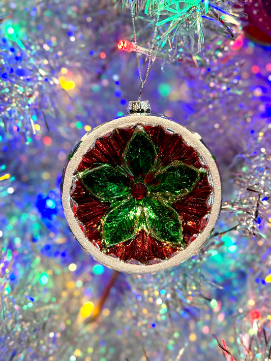 VINTAGE REFLECTOR ROUND FLOWER RED 3.75 INCH ORNAMENT 4524919
