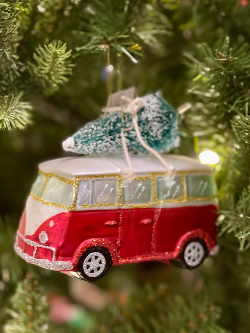 RETRO RED KOMBI VAN WITH TREE GLASS HANGING ORNAMENT DXM059