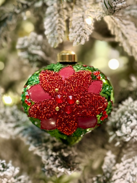 ELABORATE GREEN WITH RED POINSETTIA ONION GLASS ORNAMENT ECI206