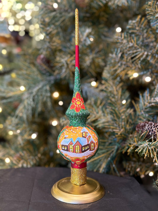 Snow Covered Winter Village Red Glass Christmas Tree Topper BB-278