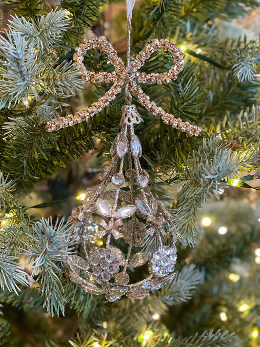 CHAMPAGNE DIAMANTE JEWELED BOW TEARDROP HANGING ORNAMENT FXP030