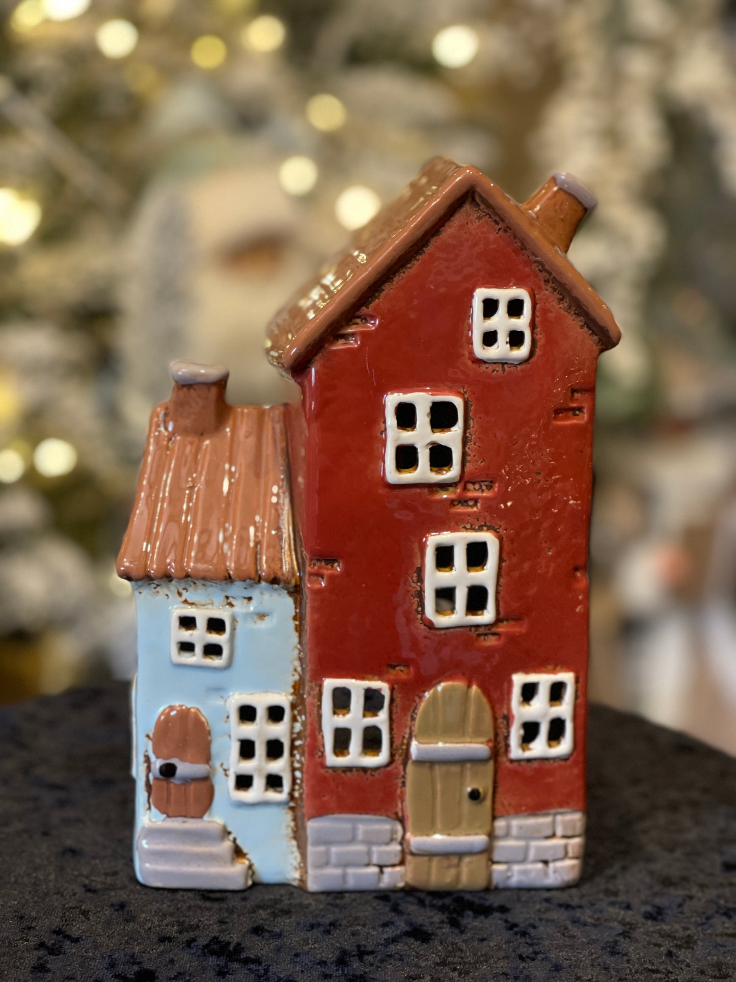 STONEWARE VILLAGE TEALIGHT HOUSE - BLUE & RED DOUBLE HOUSE LH109
