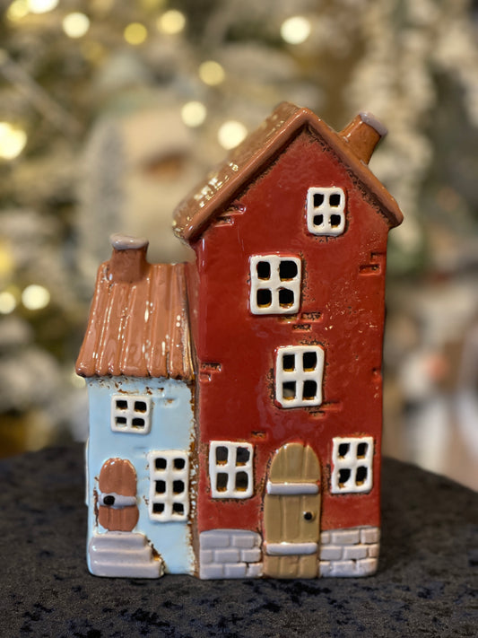 STONEWARE VILLAGE TEALIGHT HOUSE - BLUE & RED DOUBLE HOUSE LH109
