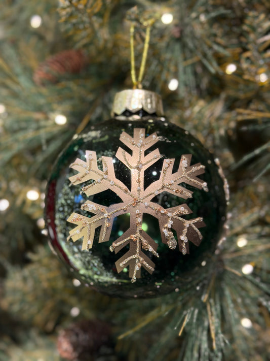 15CM GREEN SHATTERPROOF BAUBLE W/HANDPAINTED CHAMPAGNE SNOWFLAKE X435762