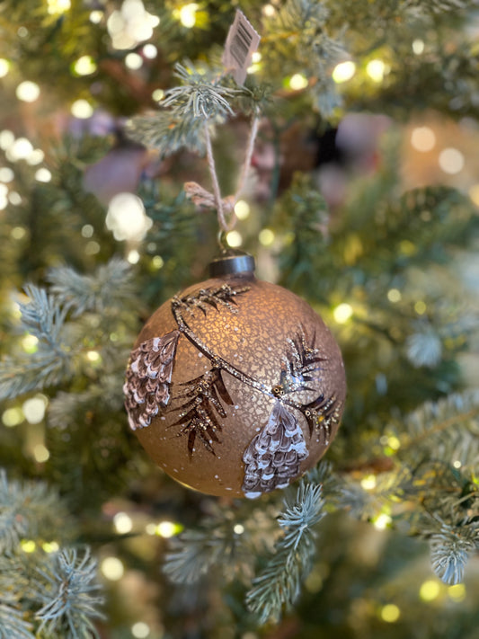 GOLD MERCURY FINISH WITH PINECONES ROUND GLASS HANGING ORNAMENT ECI020
