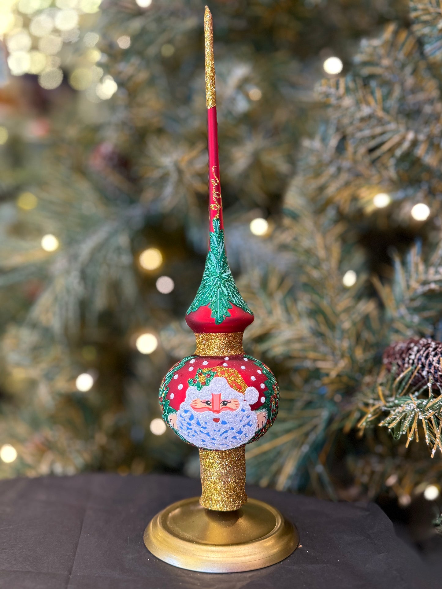 Santa Face & Green Holly Red + Gold Glass Finial Tree Topper