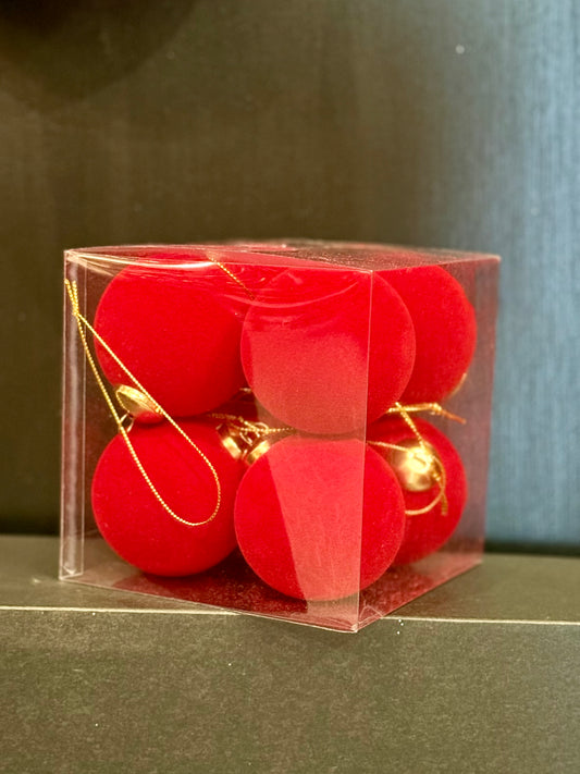 8PK RED FLOCKED BAUBLES EXM020