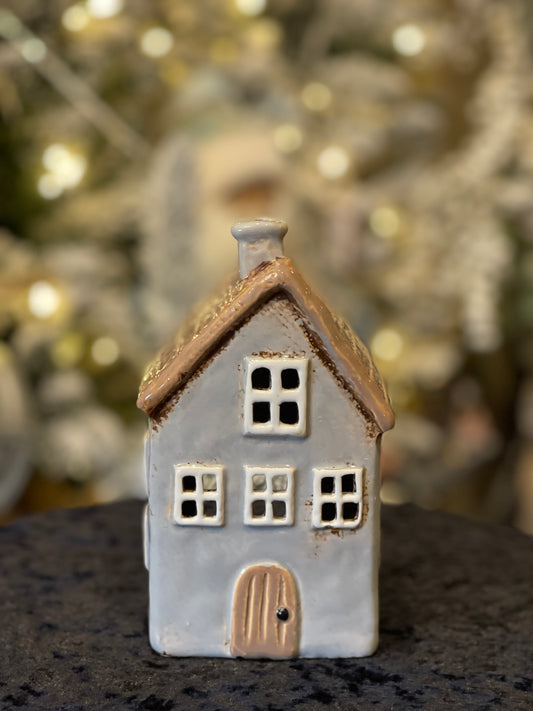 STONEWARE VILLAGE TEALIGHT HOUSE - GREY HOUSE BROWN ROOF LH102