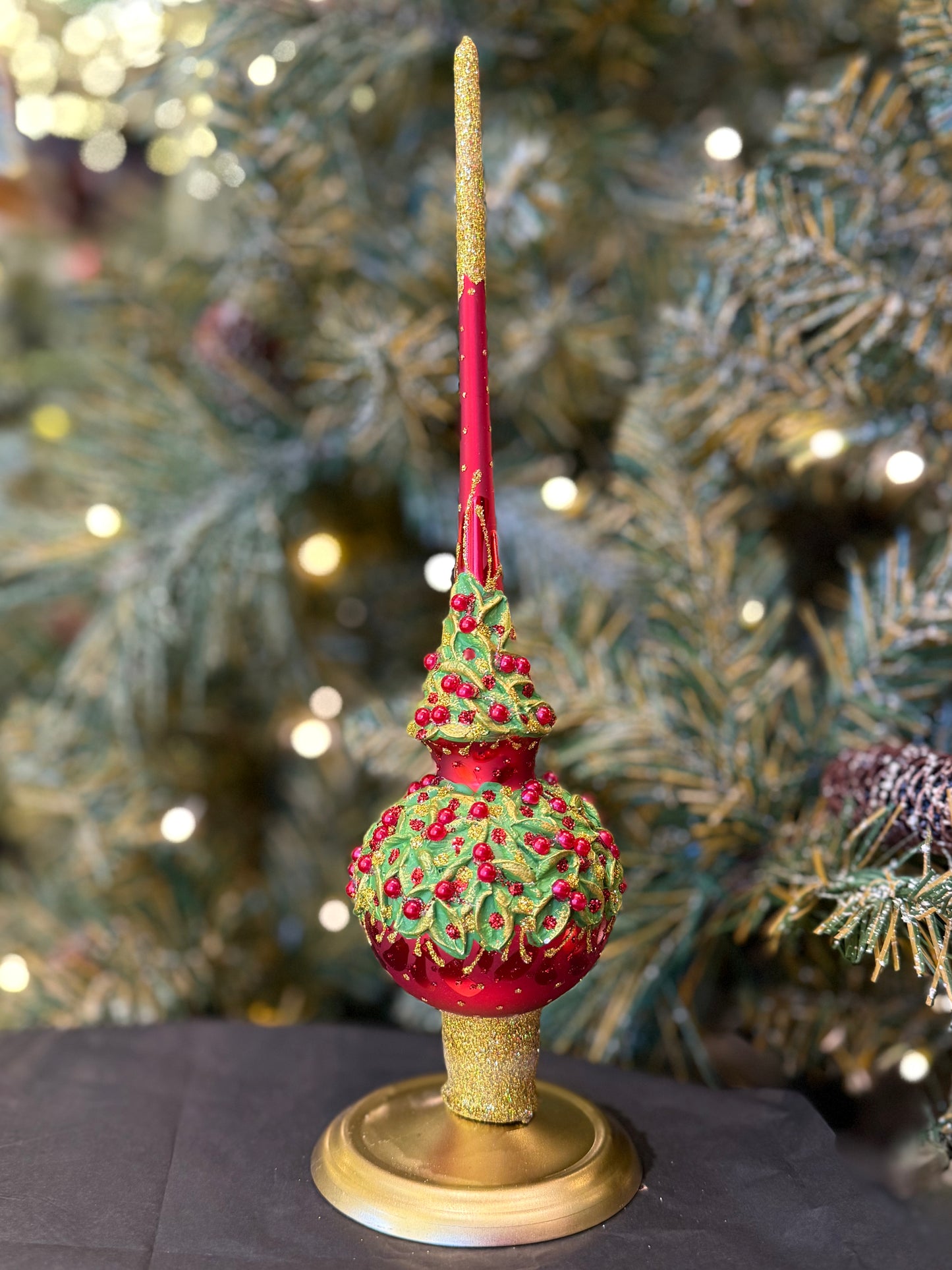 Red Pearls & Poinsettia Flowers Glass Finial Tree Topper