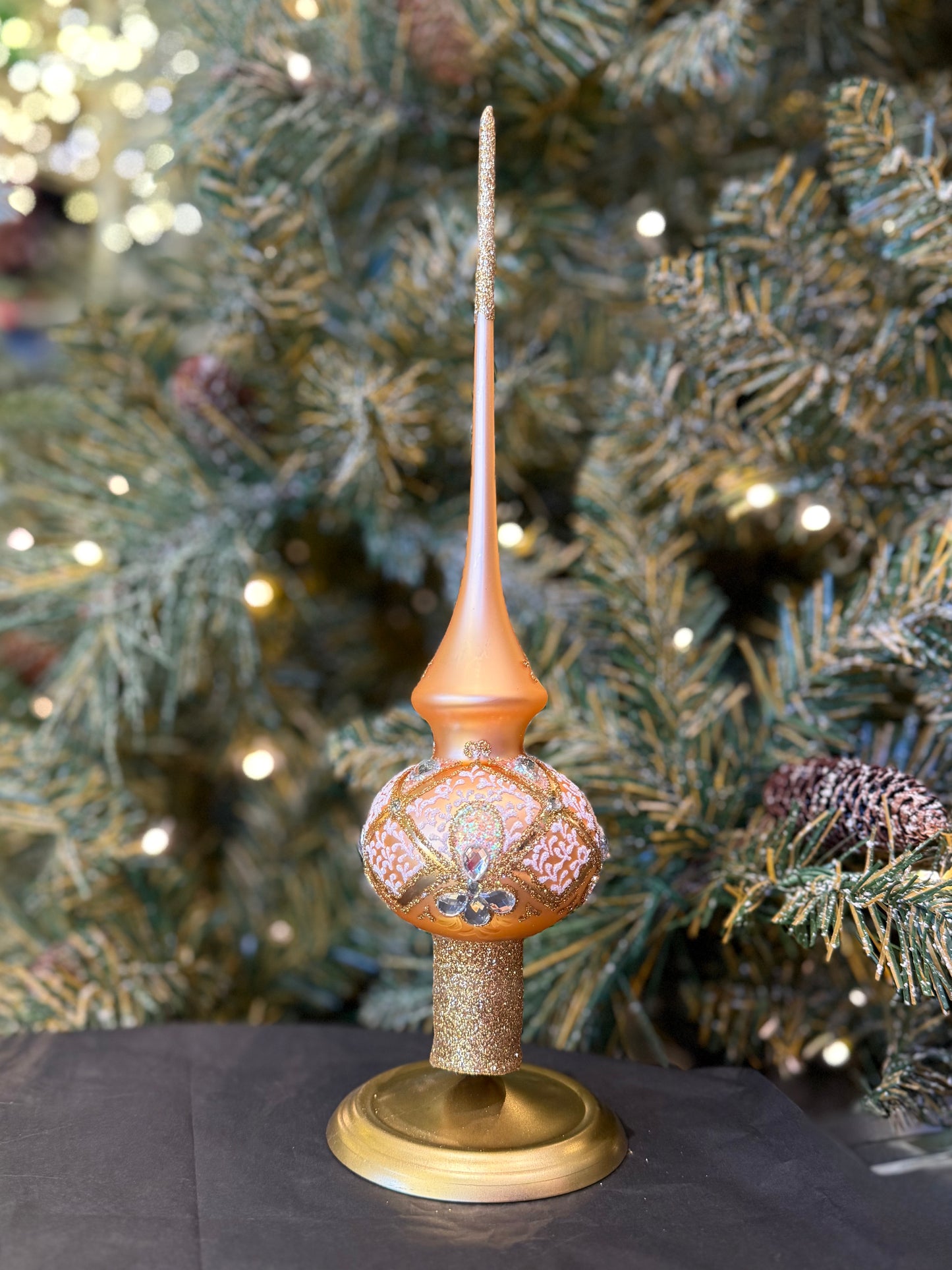 Diamonds on Rose Gold Glass Finial Tree Topper