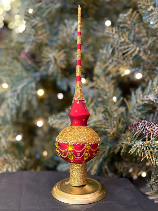 Dimensional Golden Jewels on Red Glass Finial Tree Topper BB-375