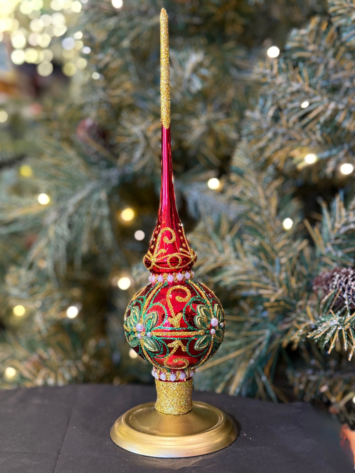 Green & Gold Glitter w Pearls Red Glass Finial Tree Topper