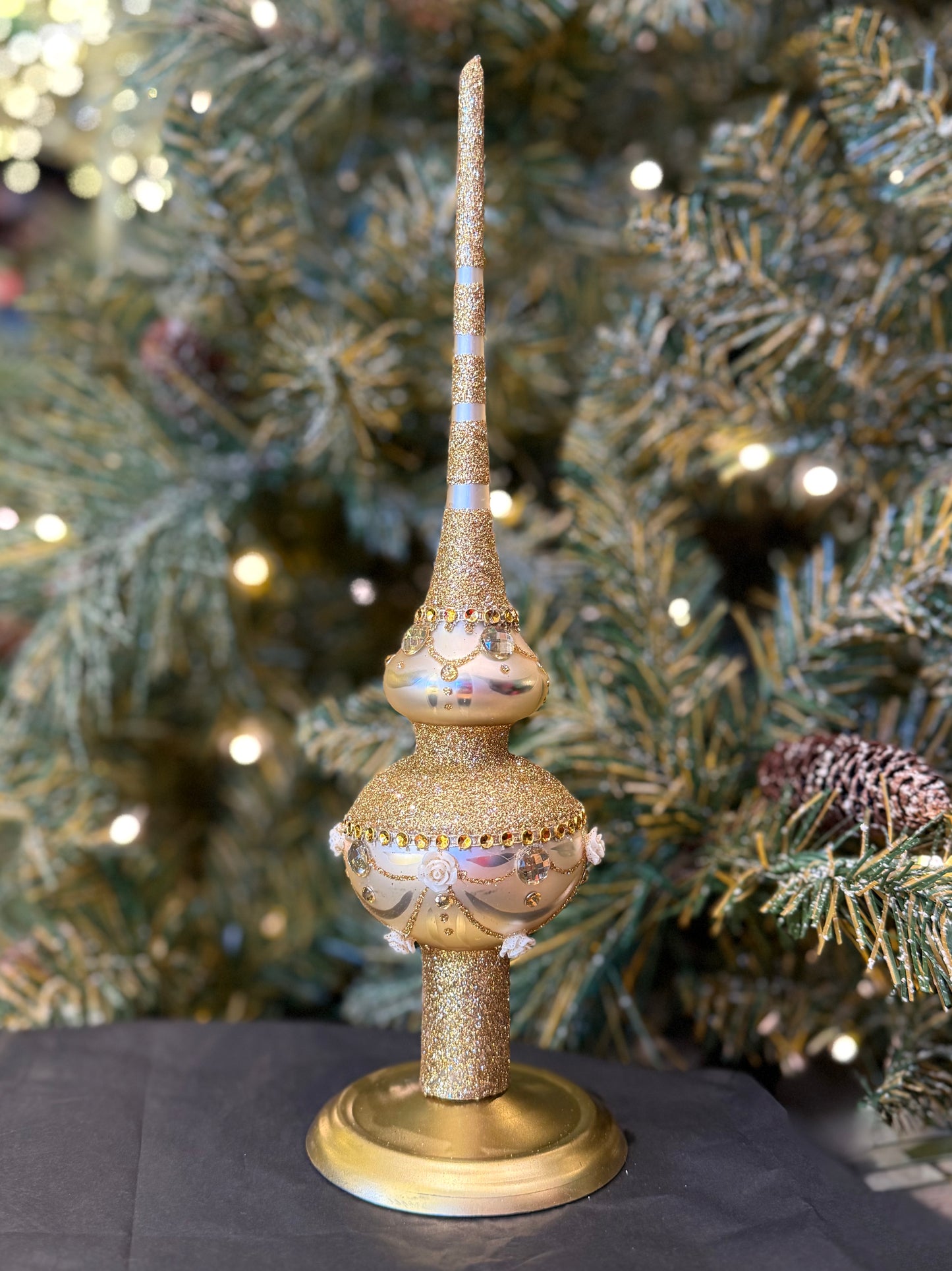Dimensional Roses on Sparkling Beige Glass Finial Tree Topper