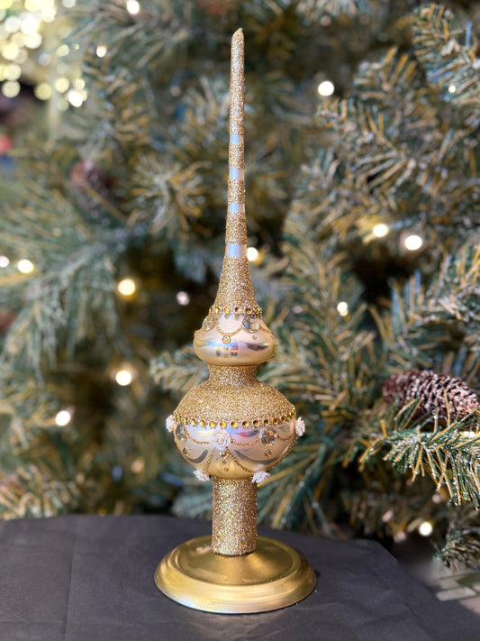Dimensional Roses on Sparkling Beige Glass Finial Tree Topper BB-333