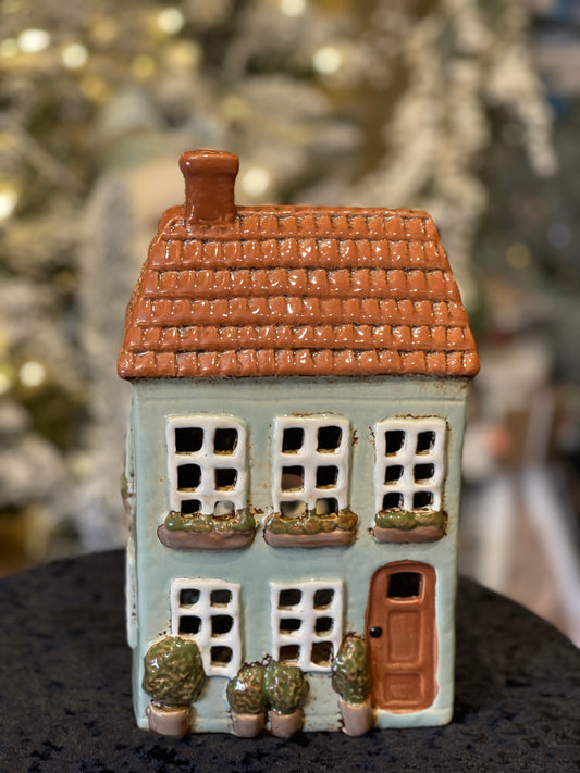 STONEWARE VILLAGE TEALIGHT HOUSE - POTTED PLANTS GREEN HOUSE LH101