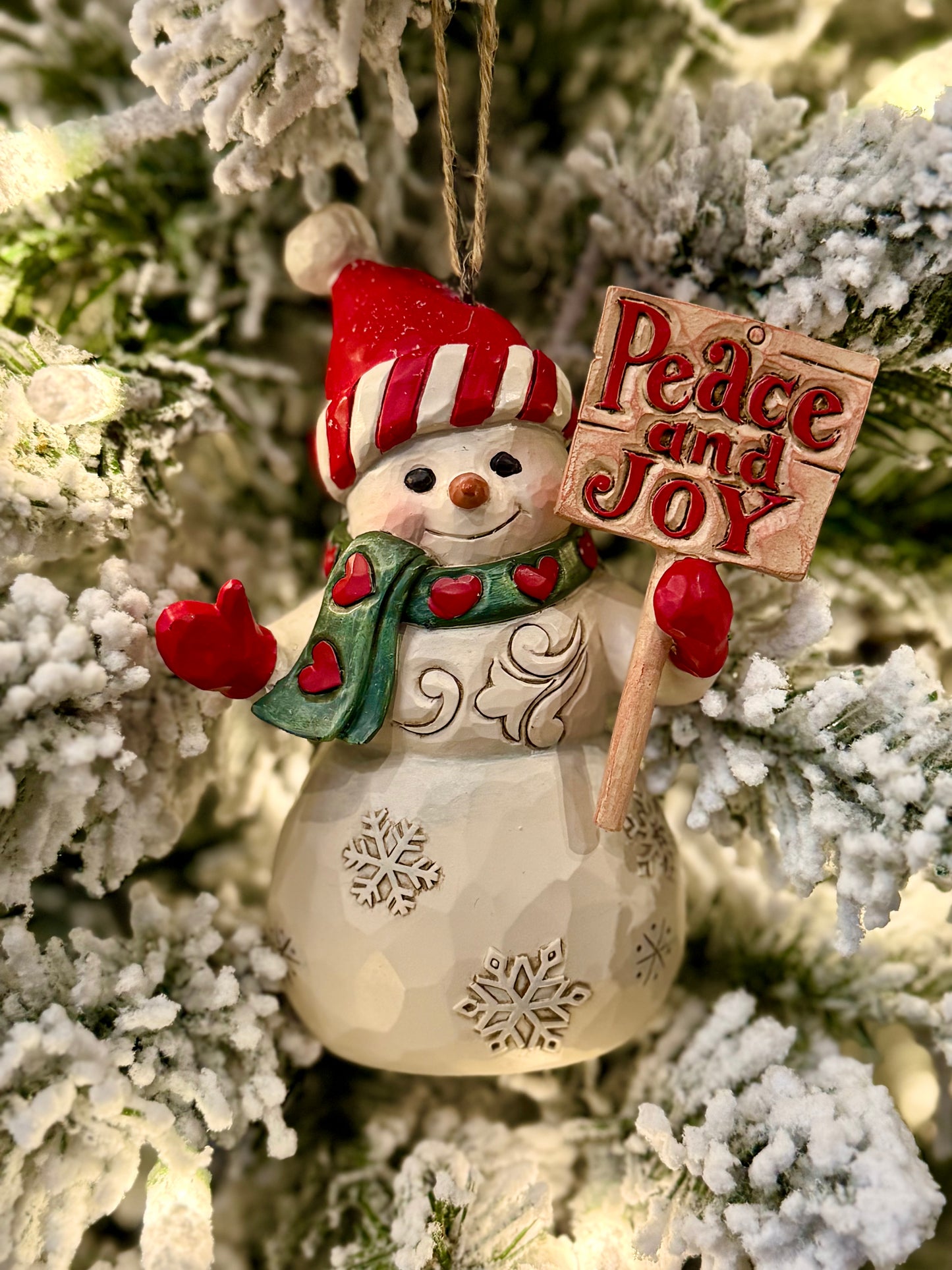 JIM SHORE HWC - SNOWMAN WITH PEACE/JOY SIGN HANGING ORNAMENT 6017302