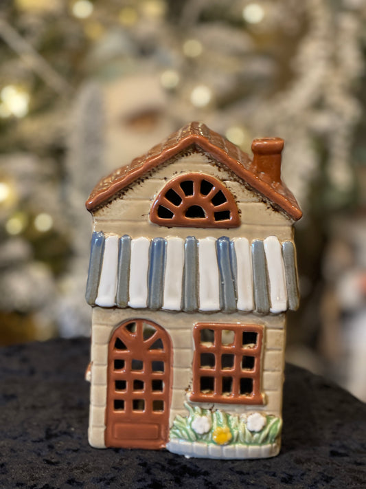 STONEWARE VILLAGE TEALIGHT HOUSE - BLUE & WHITE AWNING HOUSE LH098