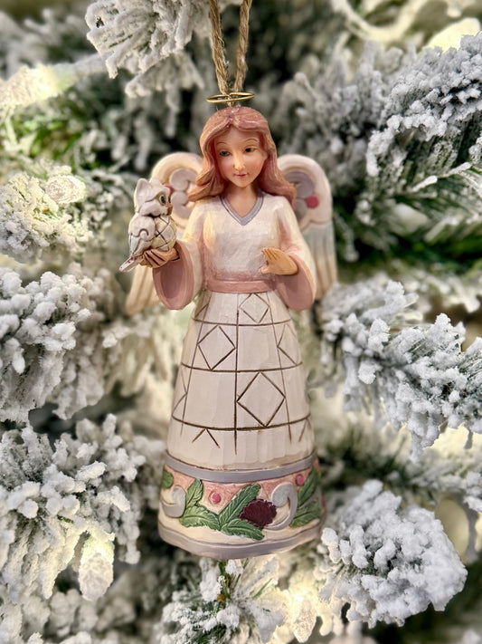 JIM SHORE HWC - WHITE WOODLAND ANGEL WITH OWL HANGING ORNAMENT 6017184